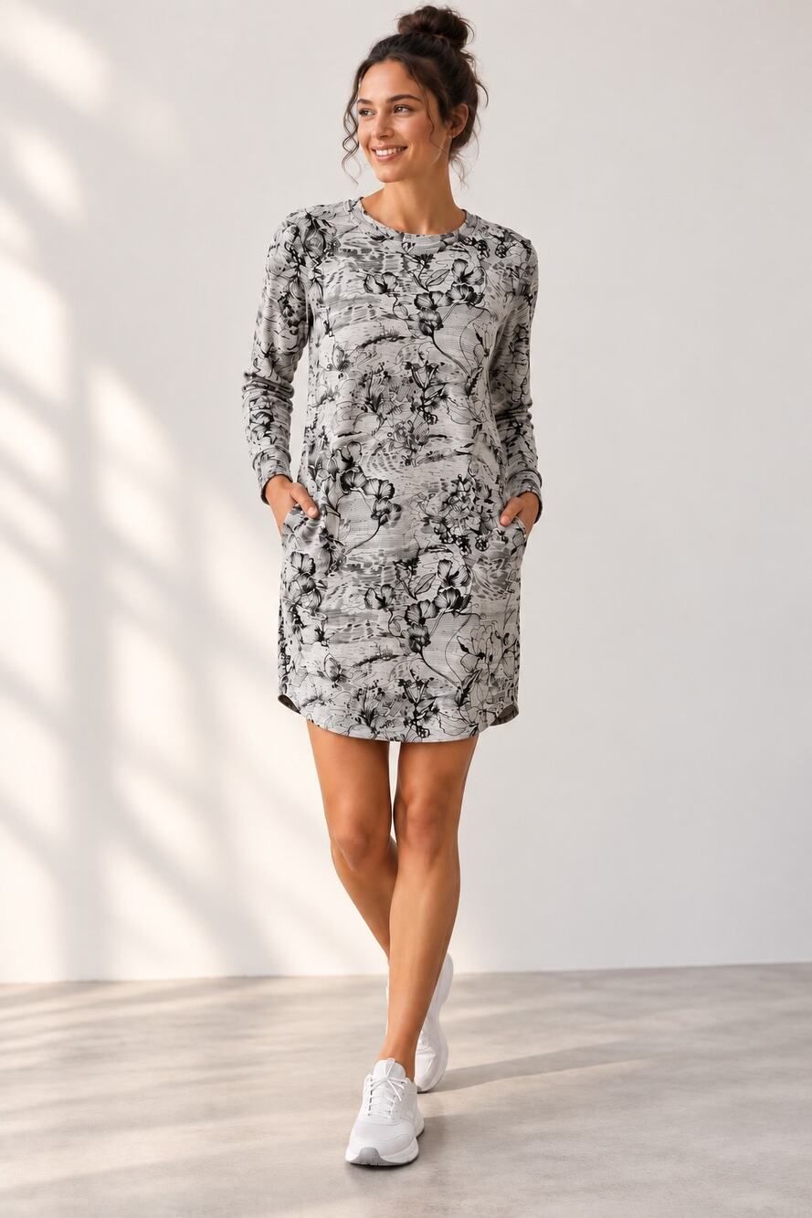 Athleta Balance Printed Dress S Petite Eden Floral Grey Long Sleeve Pockets